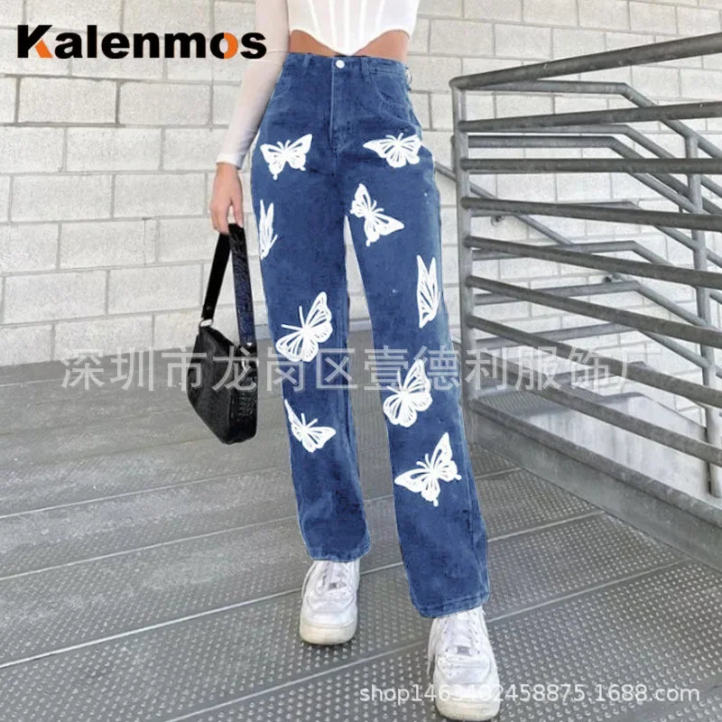 JazzHer Jeans Women Denim Pants Mid Waist Straight Pants Pockets Loose Fit Casual Trousers 2024 Ankle Length Print Vintage Spliced