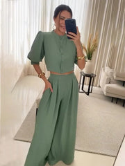 JazzHer Women Two Piece Pant Sets Solid Wide Leg Pants High Waist Half Sleeve Button Splice Tops Casual Loose Elegant Summer 2024