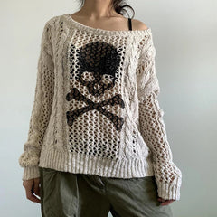 JazzHer 2024 Fall Fashion Harajuku Grunge Y2K Aesthetics Retro Jumpers Skeleton Print Hollow Out Knitted Sweater Autumn Full Sleeve Pullovers Korean