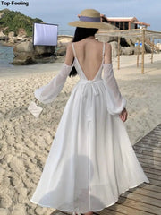 JazzHer Summer White Holiday Beach Long Dress Women Off Shoulder Backless Runway Vestidos Korean Chic A-line Sundress Clothes