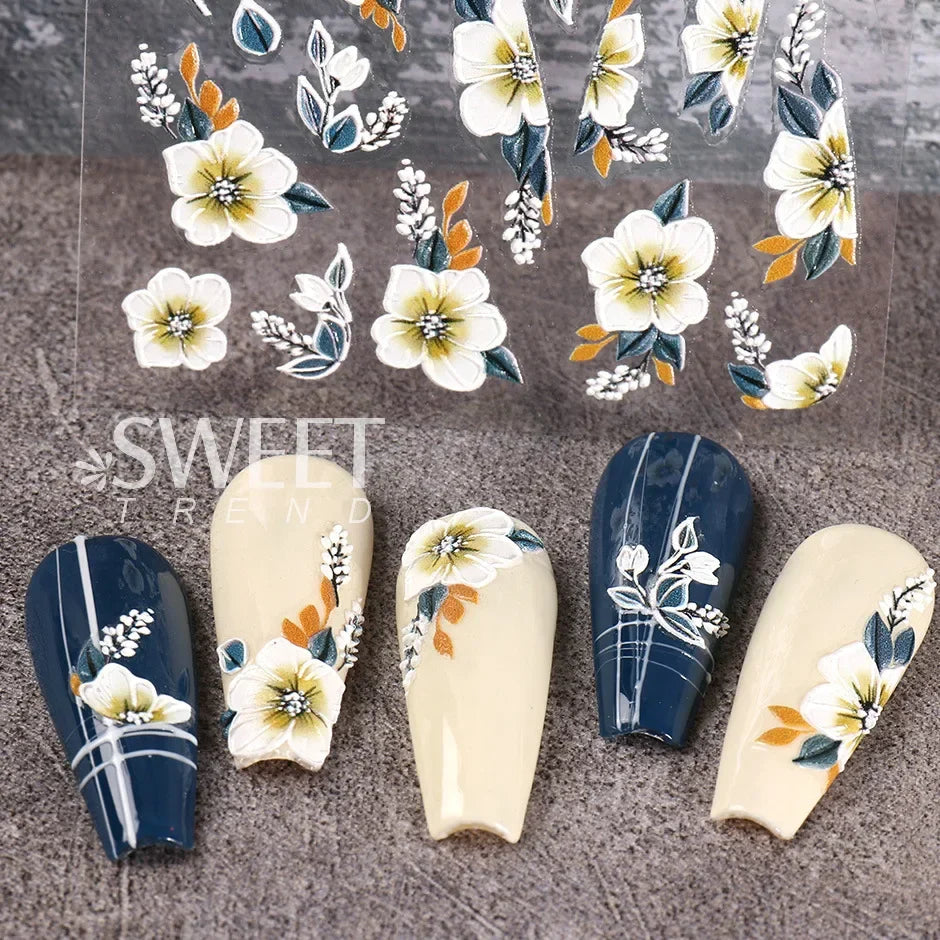 JazzHer 5D Yellow Mimosa Textured Nail Sticker Decal Simple Flowers Butterfly Design Acrylic White Embossed Sliders Manicure Decor LY5DK