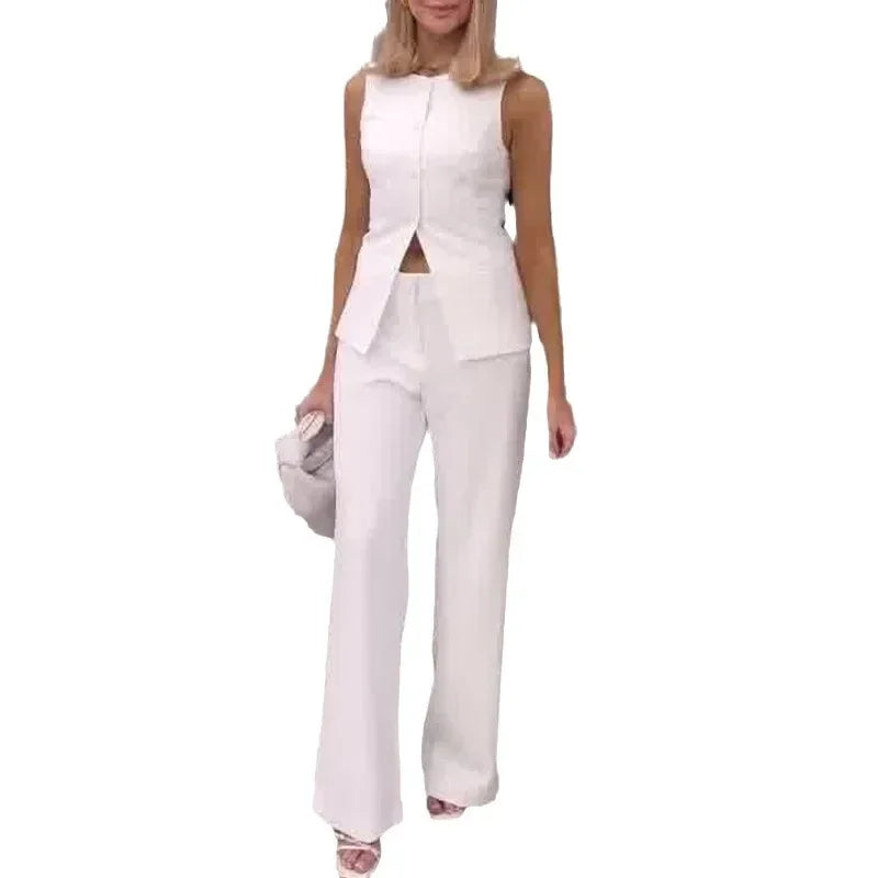 JazzHer Women Tracksuit Straight Ankle Length Pant Sets Solid Sleeveless Square Collar Vest Single Breasted Pockets Office Lady