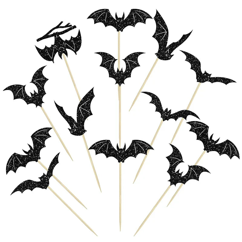 JazzHer 12/24Pcs Halloween Bat Cupcake Toppers Mixed Black Bat Cupcake Pick Flags Kids Halloween Birthday Party Cake Decoration Supplies