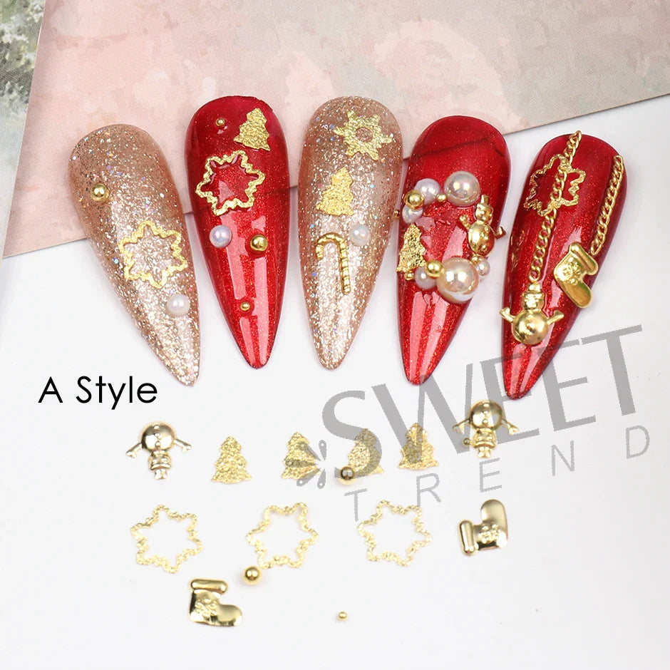 JazzHer Winter Gold Charm Nail Art Decoration 3D Hollow Christmas Tree Snowflakes Beads Design Metal Jewelry Manicure Flakes Parts LYS50