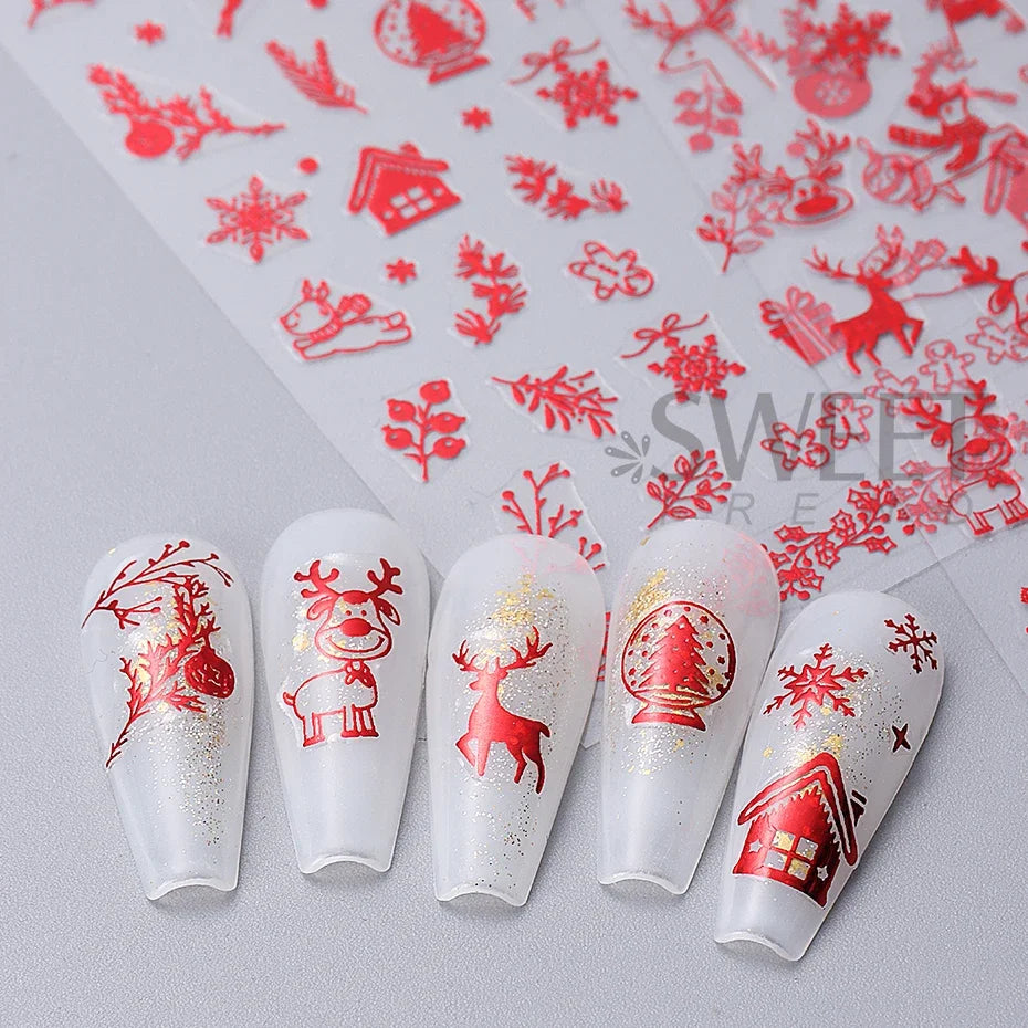 JazzHer 3D Christmas Nail Art Stickers Red Snowflake Elk Self Adhesive Santa Claus DIY Winter Decal Sliders New Year Manicure Decoration