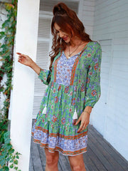 JazzHer Print Long Sleeve Boho Dress Women Sexy V-neck Casual Holiday Short Dress Spring Summer Beach Sundress Viscose A-line Dress