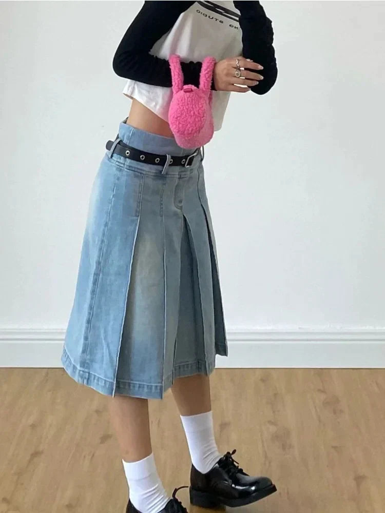 JazzHer- Y2k Streetwear Denim Pleated Skirt Women Vintage Low Waist A-line Distressed Knee-lenght Jeans Skirt Japanese Fashion