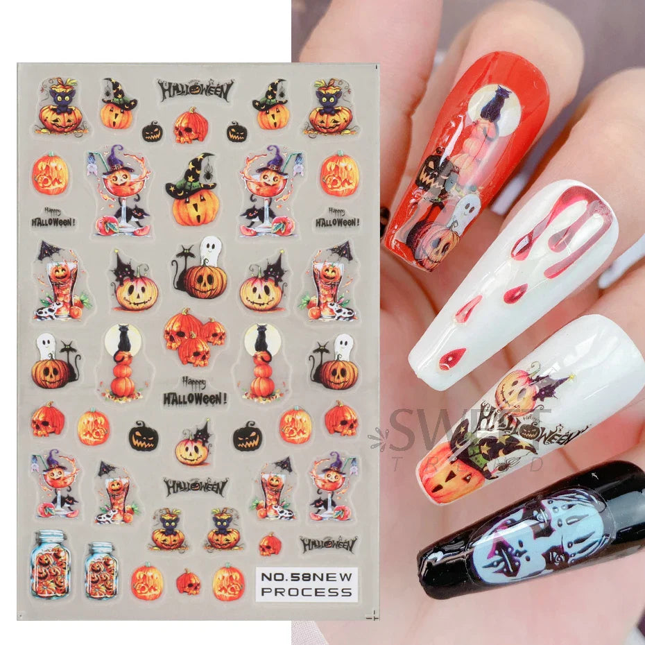 JazzHer Cartoon Ghost Nail Manicure Stickers Pink Spider Web Pumpkin Bat Design Adhesive Decals 2024 Halloween Holiday Cute Foils Wraps