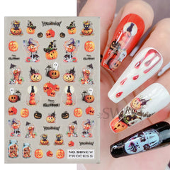 JazzHer Cartoon Ghost Nail Manicure Stickers Pink Spider Web Pumpkin Bat Design Adhesive Decals 2024 Halloween Holiday Cute Foils Wraps