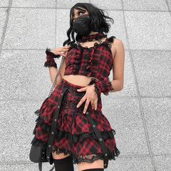 JazzHer Ladies Gothic Directional Design New Two Piece Dark Plaid Suspender Lace Tie Pleated Skirt Set