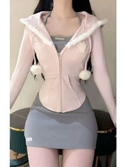 JazzHer 2024 Japanese Style Kawaii 3 Piece Set Hooded Cute Pink Coat + Casual Vest + Y2k Mini Skirt Sweet Fashion Suit Woman Chic