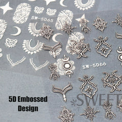 JazzHer Acrylic Filigree Lace 5D Nail Embossed Stickers Textured Flowers Design Classic Line Brown Star Moon Decal Manicure Decor LYSW5D