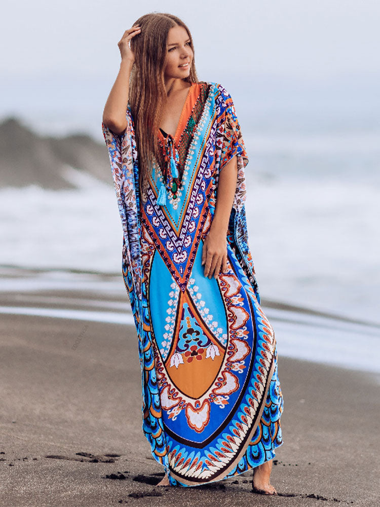 JazzHer 2024 Bohemian Printed Summer Holiday Dress Blue Tunic Women Beach Wear Kaftan V-Neck Bats Sleeve Maxi Dress Robe Q956