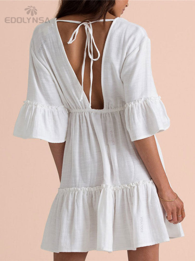 JazzHer 2024 Sexy Deep V-Neck V Back Flare Sleeve High Waist Women Summer Beach Wear A Line Mini Dress White Cotton Tunic Sarong Q840