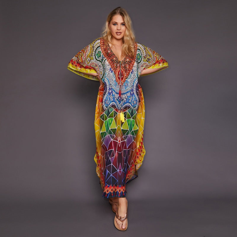 JazzHer 2024 Bohemian Printed Summer Holiday Dress Blue Tunic Women Beach Wear Kaftan V-Neck Bats Sleeve Maxi Dress Robe Q956