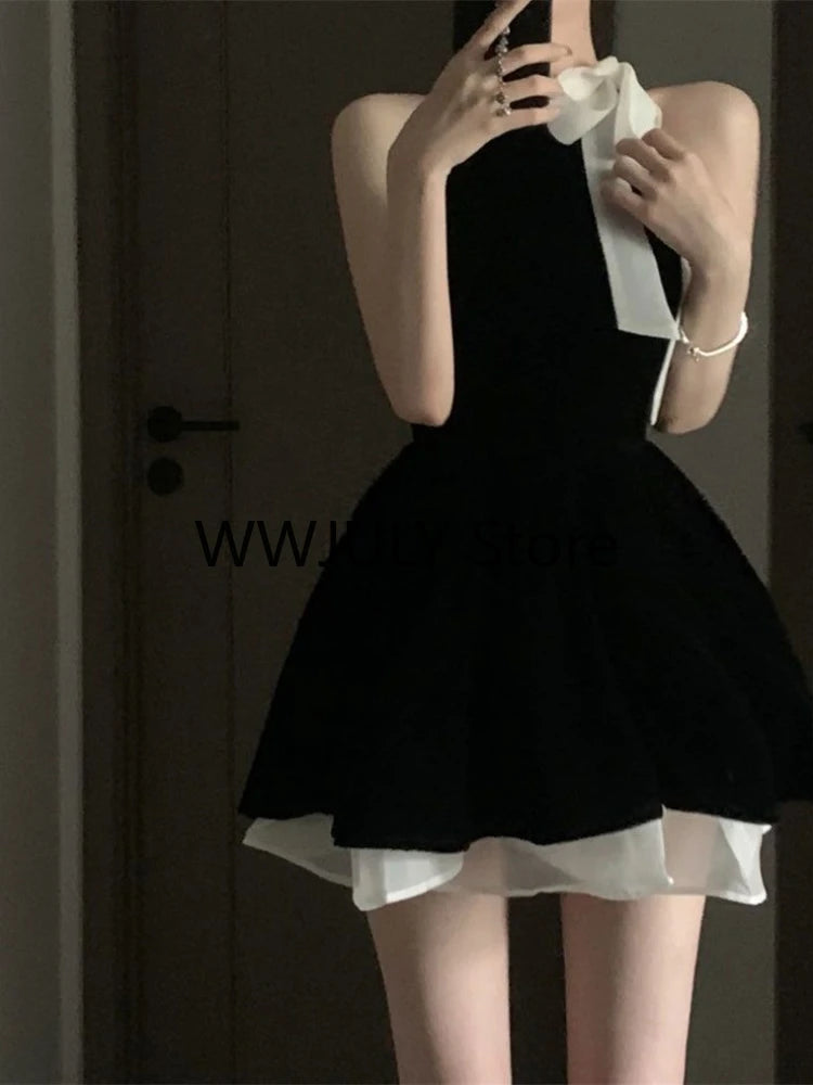 JazzHer 2024 Sexy Dress Woman Bow Bandage Sleeveless Slim Patchwork Black Mini Dresses Puffy Elegant Vintage Ladies Summer Fashion Chic