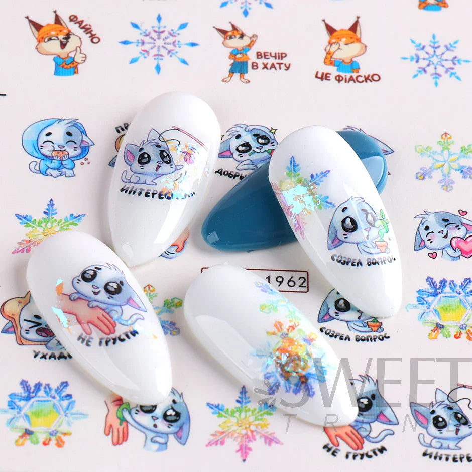 JazzHer 12pcs Anime Fox Water Nails Sliders Snowflakes Forest Animal Squirrel Decals Winter Theme DIY Manicure Foils Stickers Decor LYBN