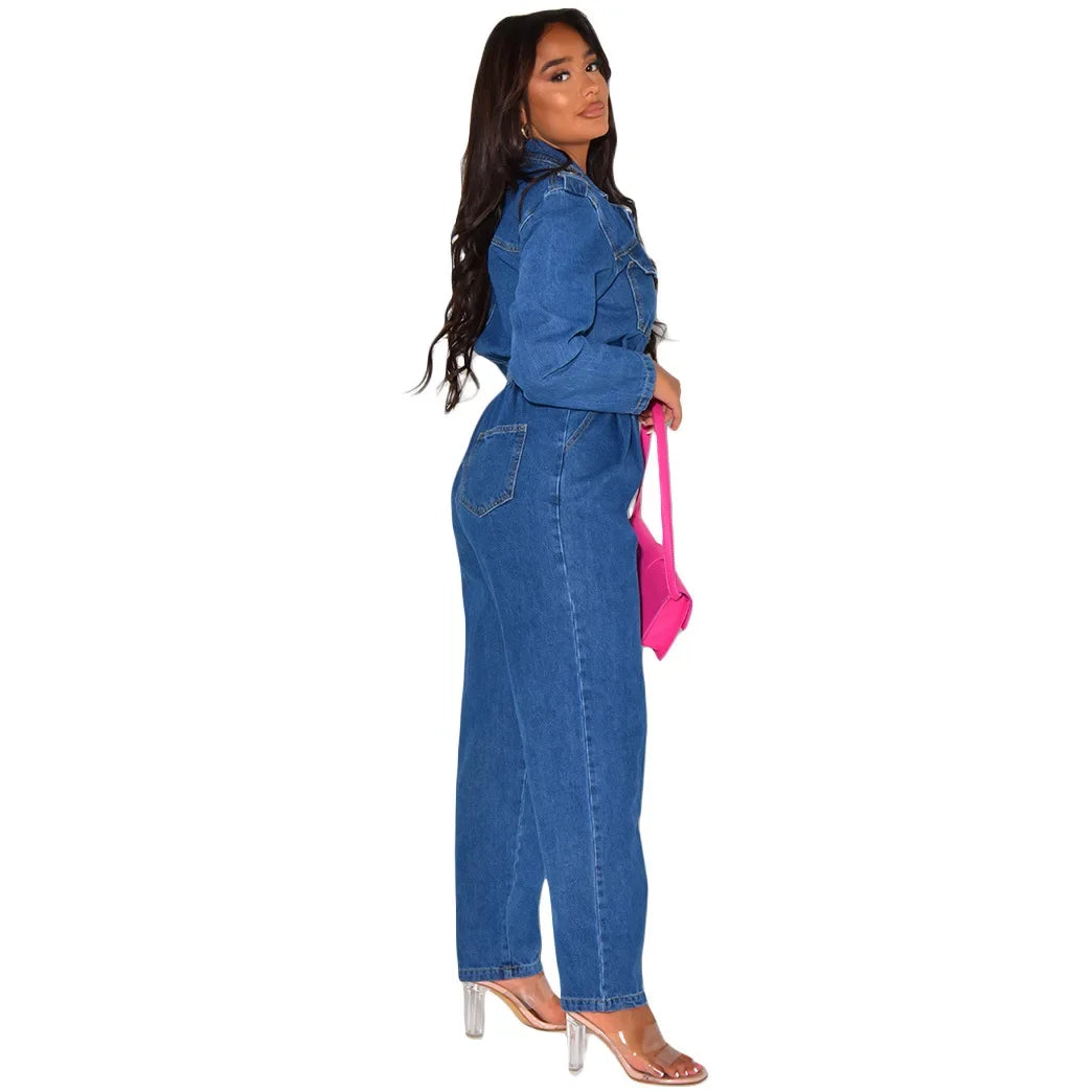 JazzHer Vintage One Pieces Jeans Stretch Jumpsuit Women Turn Down Collar Denim Casual Romper Overalls Streetwear Female Jumpsuits