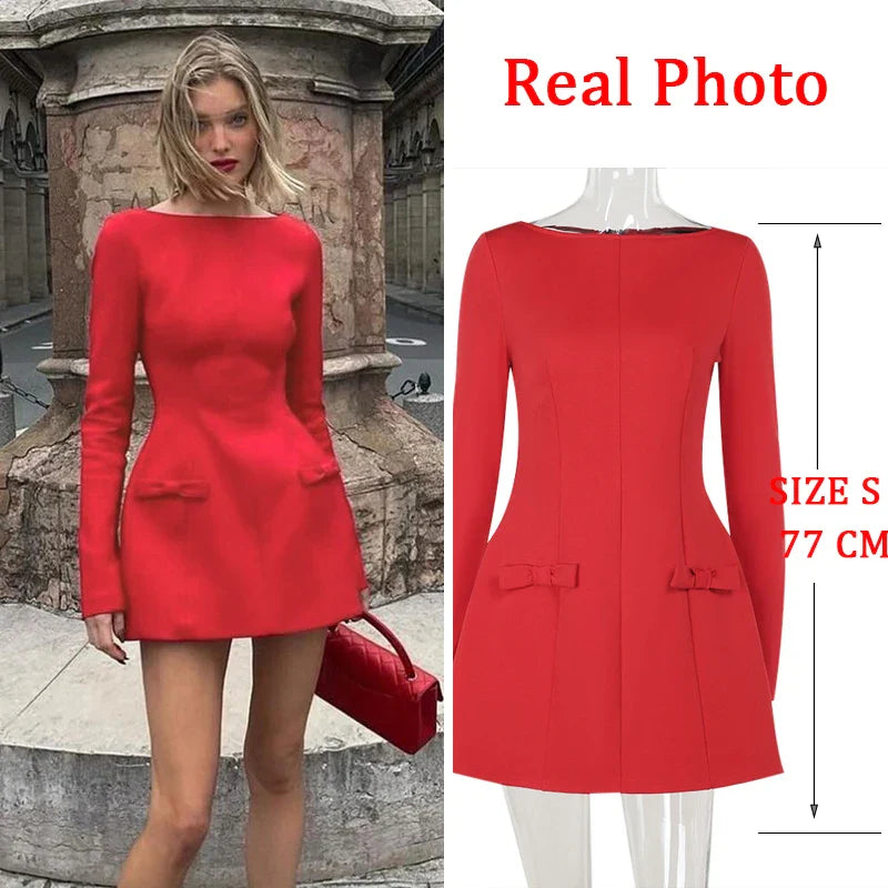 JazzHer Red Long Sleeve Evening Party Dress Women 2025 Bow Slim Robes Elegant Sexy Dress Bodycon Mini Autumn Dress Vestidos