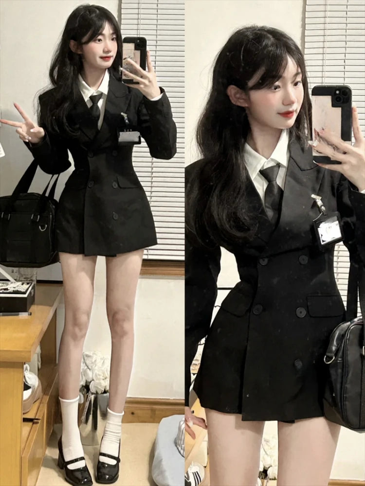 JazzHer 2024 Winter Preppy Style Fashion Blazers Coat Suit Black Korean Style Slim Jackers + Casual Shirts French Elegant Sets Woman