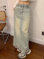 JazzHer-Old Washing Long Denim Skirt Women Vintage Streetwear High Waist Split Korean Fashion Maxi Jean Skirt Spring Casual