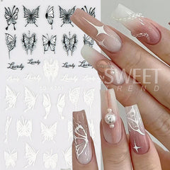 JazzHer 5D Black And White Butterfly Nails Stickers Luxury Embossed Nail Art Decals Cool Girl Text Lettering Sticker Manicure Decoration