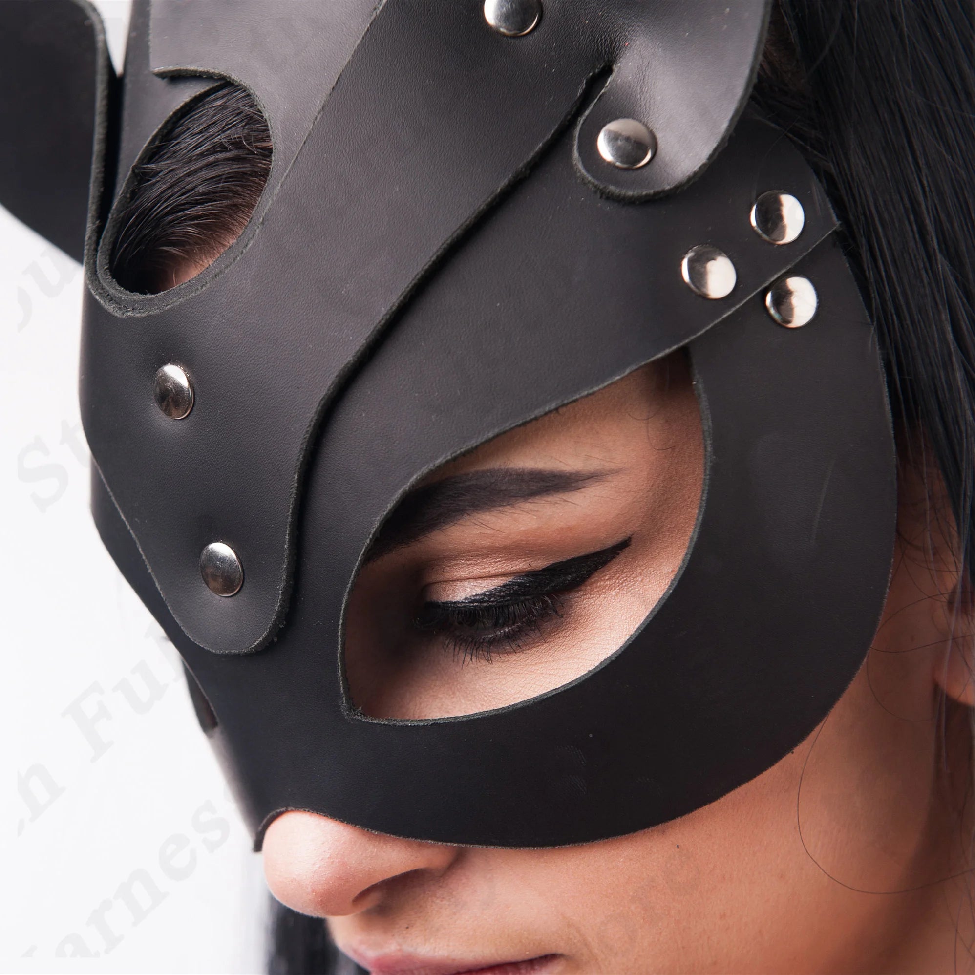 JazzHer PU Fetish Leather Mask Sexy Lingerie For Ladies Leather Harness Cat Mask Erotic Costumes Party Halloween Cosplay Toys Face