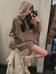 JazzHer 2024 Fall Fashion 2024 Autumn Winter Loose Hooded Clothing Woman Korean Fashion Knitted Sweater Casual Outwear Pure Color Elegant Pullover Chic