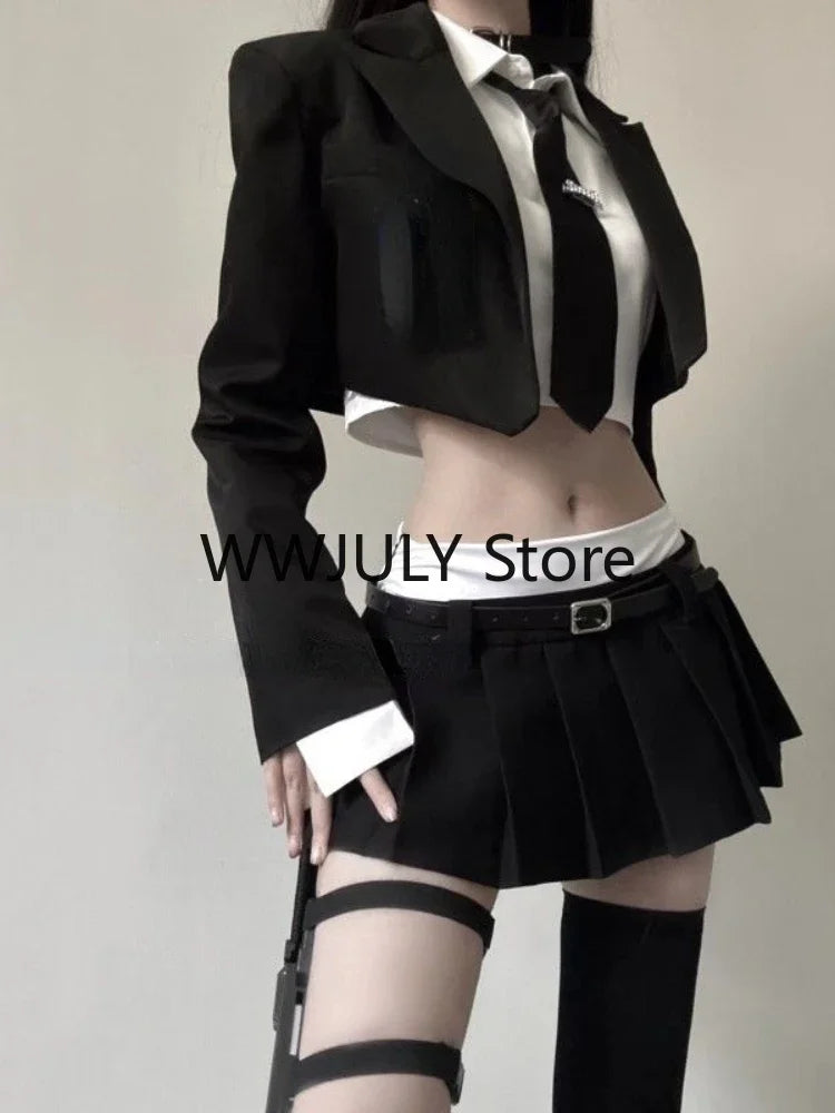 JazzHer 2024 Vintage 3 Piece Set Skirt Woman Black Short Blazers + Casual Shirt + Slim Mini Skirt Party Korean Fashion Suit Female Chic