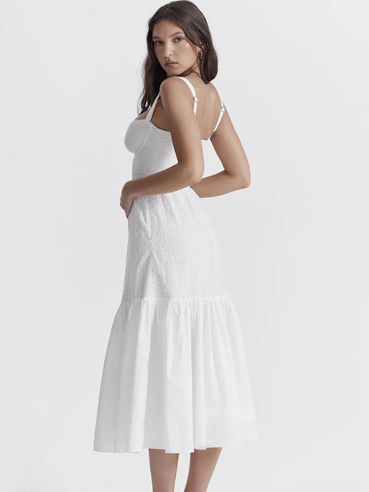 JazzHer Elegant White Spaghetti Strap Midi Dress For Women Fashion Strapless Sleeveless Backless A-line Club Party Dress