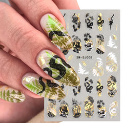 JazzHer Abstract Black Gold Snake Nail Art Stickers 3D Laser Geometry Flowers Leaves Design Decals Holographic Wraps Decoration LYSW-SJ