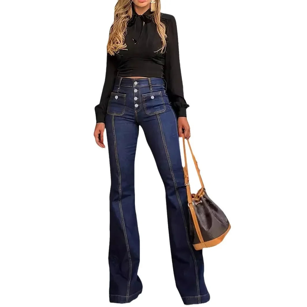 JazzHer Women Jeans Flare Pants High Waist Streetwear Pockets Buttons Trousers 2024 Autumn Female Casual Stretch Denim Floor Length