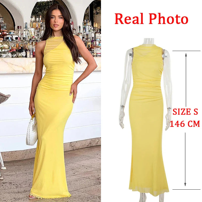 JazzHer 2025 Mesh Lining Pleated Holiday Casual Dress Women Sleeveless Elegant Sexy Dress Bodycon Long Summer Dress Vestidos