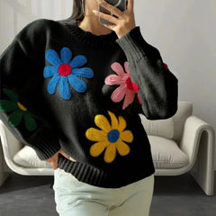 Black Friday JazzHer Crochet Flower Pullover Knitted Sweater Women's Fashion Loose Lantern Long Sleeve Embroidery Knit Top Streetwear Fashion