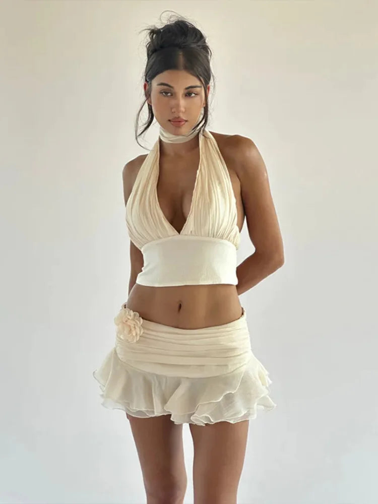 JazzHer Sexy Ruffle Skirt Two Piece Set Women Fashion Halter Crop Tops And Mini Skirt Matching Sets Club Party Two Piece Sets