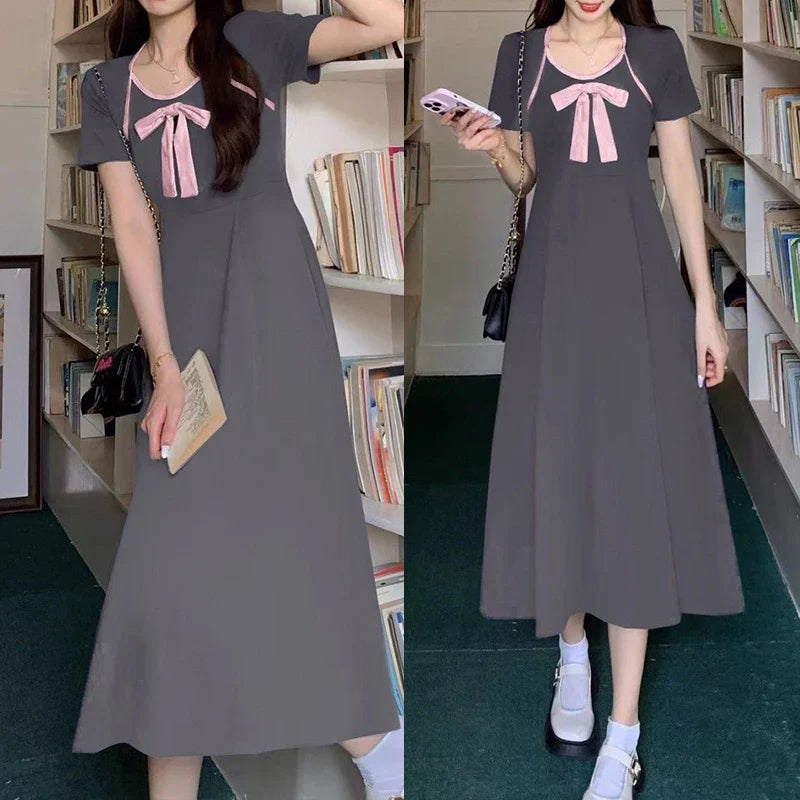 JazzHer French Style Sweet Bow Fashion Women Dress for Women Slit Fairy Slim Fit Dress Tighten The Waist 2024 New Spring Summer Dress