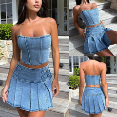 JazzHer Denim Dress Sets Strapless Pullover Tops Solid Pleated Mini Skirts Spliced High Waist Skirt Matching Sets Streetwear Autumn