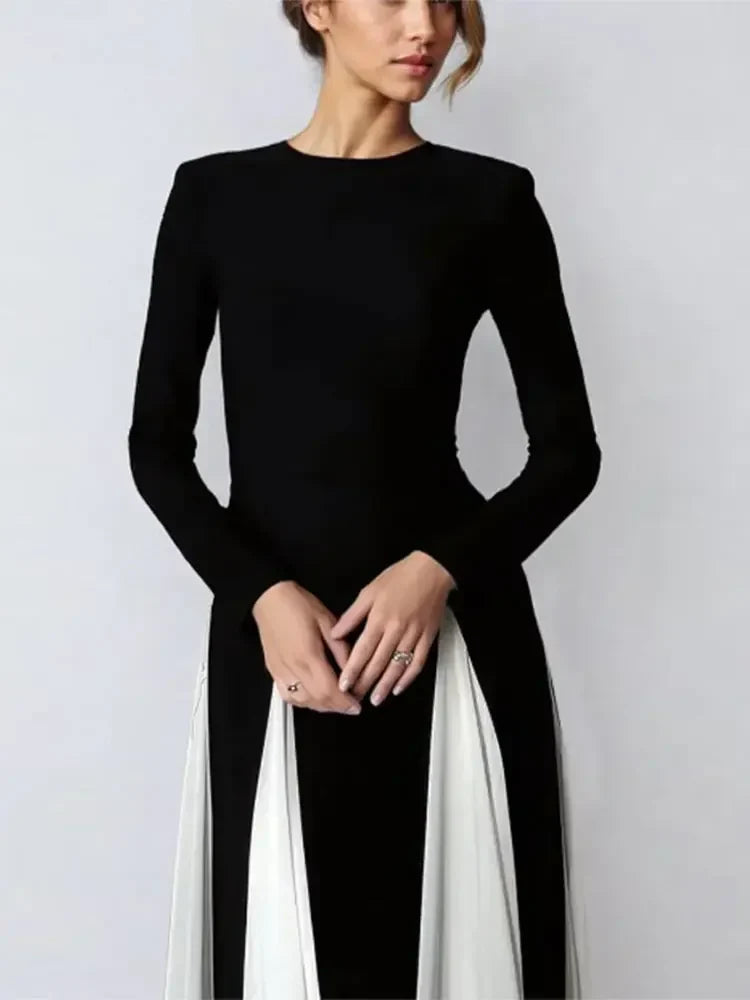 JazzHer Elegant Black White Patchwork Maxi Dresses Women Fashion O-neck Long Sleeves Slim Dress New Female Evening Party Robes