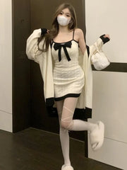 JazzHer 2024 Fall Fashion 2024 Winter Bow Design Kawaii Knitted 2 Piece Dress Set Woman Casual Sweater Cardigan Korean Style Sexy Club Party Dress Chic