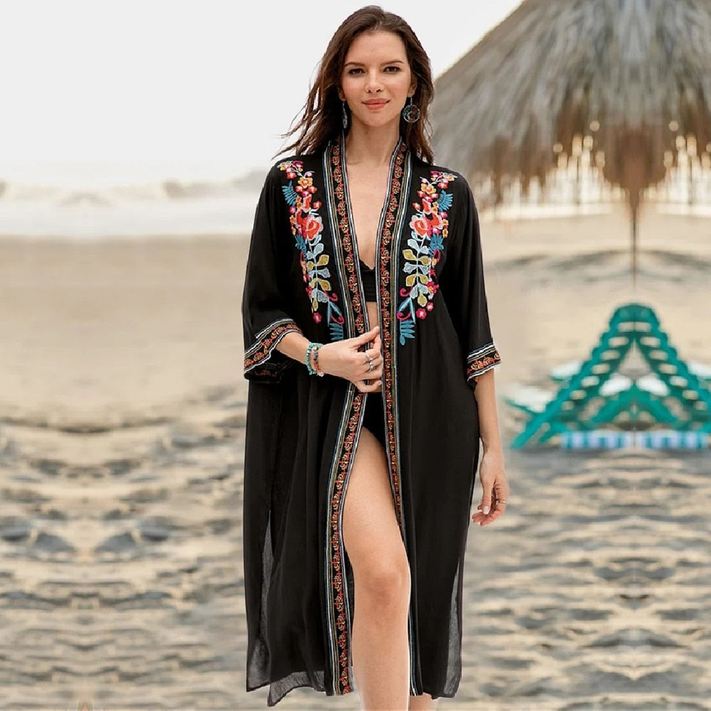 JazzHer Embroidery Kaftan Beach Tunic Beach Cover Up Saida De Praia Swimsuit Women Bikini Cover Up Pareo Sarong Beachwear Q882