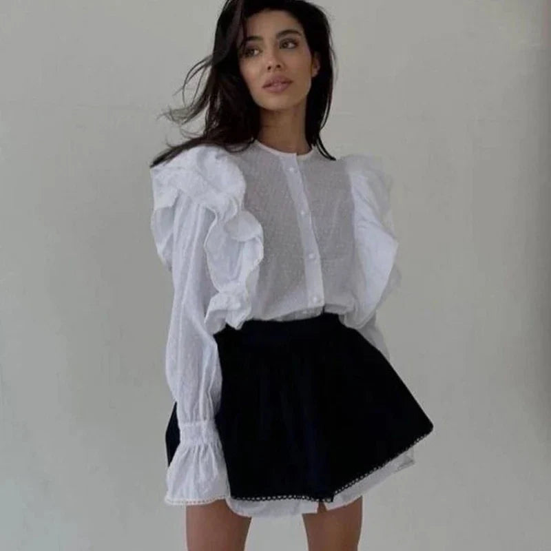 Black Friday JazzHer Ruffled Flare Sleeve Shirt Dress For Women With High Waisted Shorts Contrast Color Patchwork Mini Party Dress Autumn New