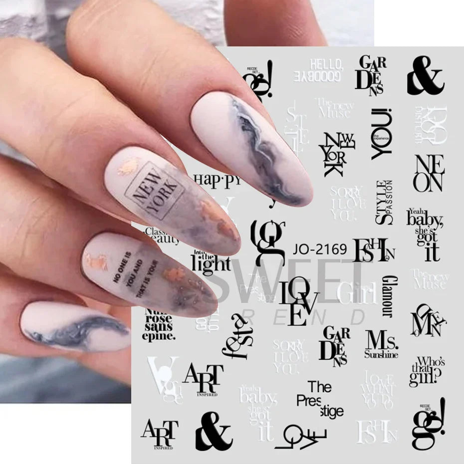 JazzHer ABC Word Black Letters Nail Sticker for 3D Nails Art Decorations Design Sliders Abstract Face Decals Foil Manicure Accessories