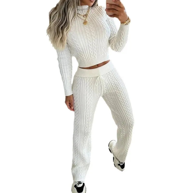 JazzHer Pant Sets Knitting Sweaters Solid Pullovers Two Pieces Ankle Length Straight Pants Matching Sets Pockets Drawstring Casual