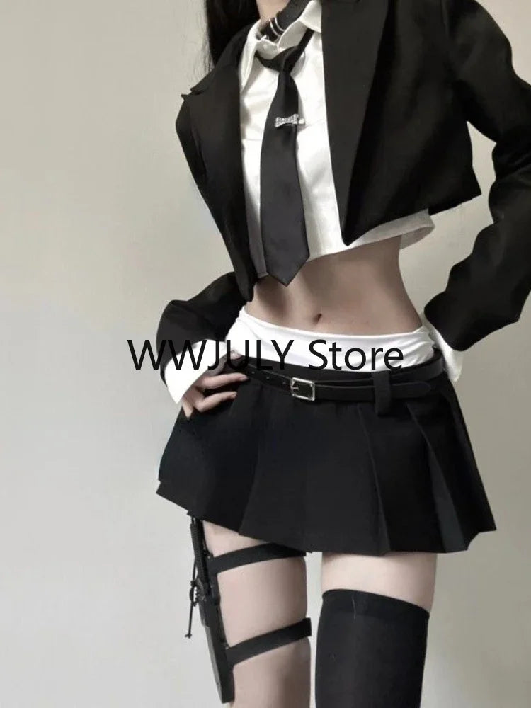 JazzHer 2024 Vintage 3 Piece Set Skirt Woman Black Short Blazers + Casual Shirt + Slim Mini Skirt Party Korean Fashion Suit Female Chic