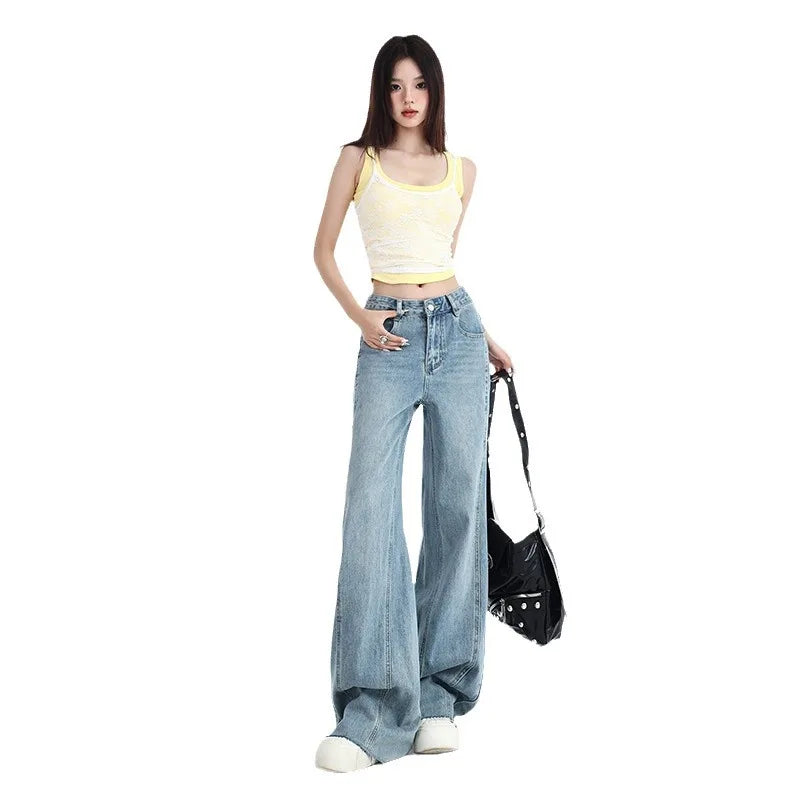 JazzHer Women Jeans Washed Vintage Straight Full Length Denim Pants Solid Pockets High Waist Washed Jean Spliced Basics Loose Fit