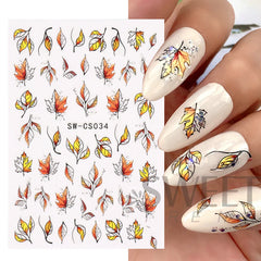 JazzHer Black Line Maple Leaf Nail Decal 3D Gold Autumn Design Sliders Simple Watercolor Decor Fall Gel Polish Manicure Sticker LYSWCS34