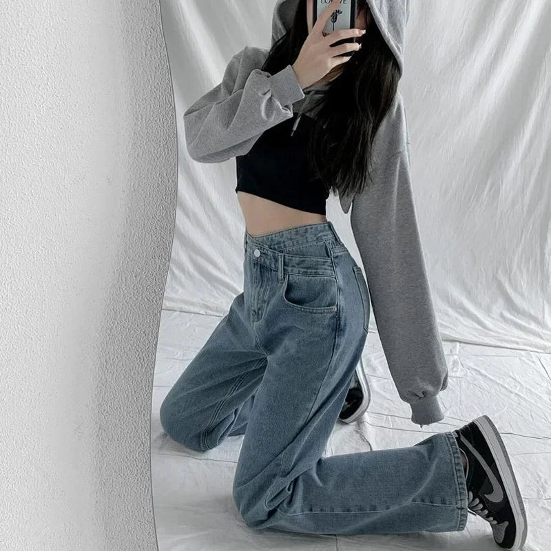 JazzHer Women Jeans Wide Leg Pants High Waist Vintage Pockets Button Basics Denim Full Length Straight Trousers Streetwear 2024 Denims