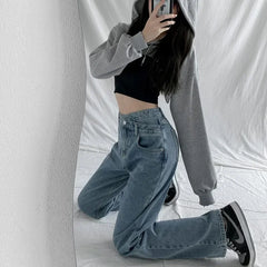 JazzHer Women Jeans Wide Leg Pants High Waist Vintage Pockets Button Basics Denim Full Length Straight Trousers Streetwear 2024 Denims