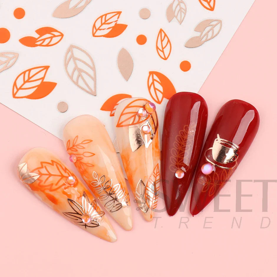 JazzHer Autumn Leaves Nail Art Stickers Laser Rose Gold Fall Maple Decoration Decals Simple Design DIY Manicure Adhesive Foil Tips LYSWG