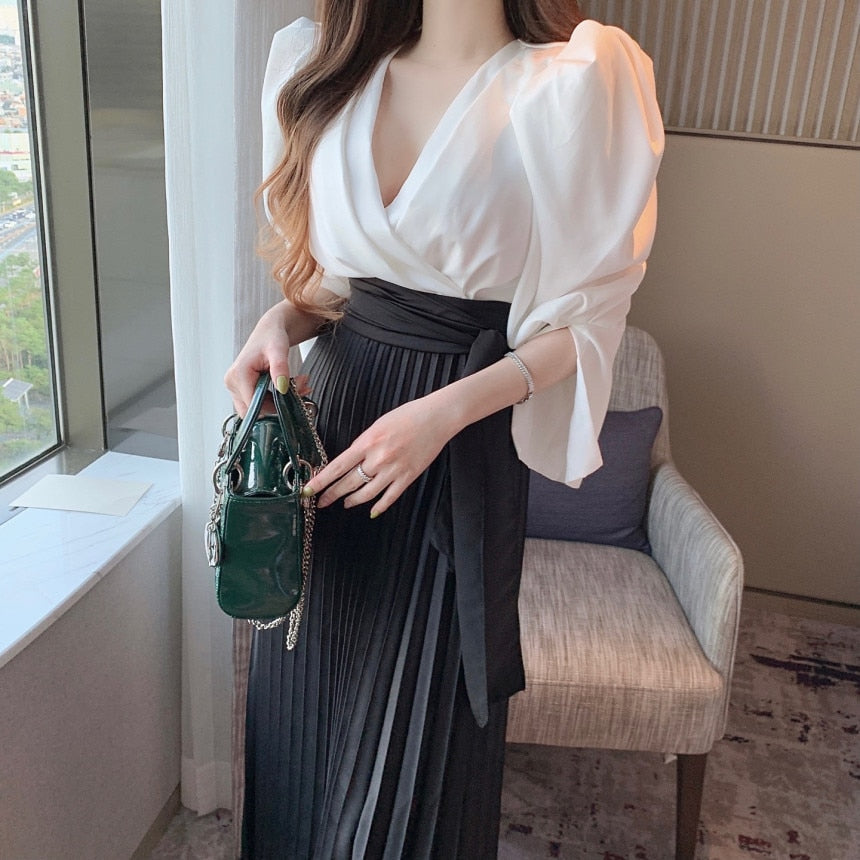 JazzHer Two Piece Sets Chiffon Dress Women Pleated Sexy V Neck Ladies Dresses Ruched Long Sleeve Spring Summer Woman Dress Vestidos